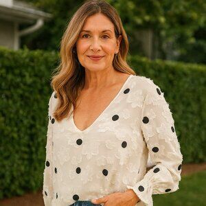 Zara Elegant White and Black Polka Dot Semi Sheer Blouse V Neck S